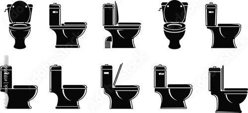 Toilet bowl icons set bathroom WC sanitation equipment silhouettes modern ceramic toilet collection plumbing restroom fixture symbols isolated vector illustration