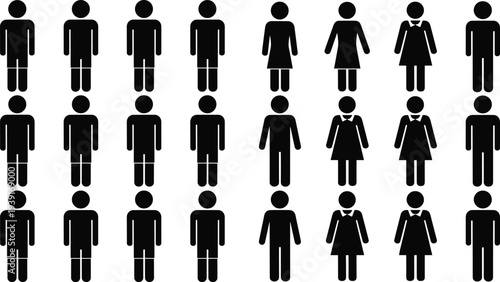 Male and female human pictogram icon set people silhouettes gender symbols restroom figures minimal black person icons collection isolated on white background