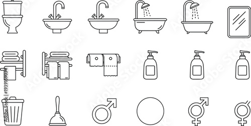 Bathroom line icons set toilet sink bathtub shower mirror towel soap dispenser trash plunger gender symbols minimal outline restroom equipment vector illustration