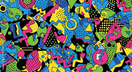 A vibrant and colorful abstract vector graphic featuring a mix of geometric shapes and patterns.