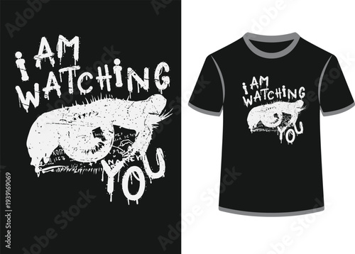 I am watching you iguana t-shirt design concept for print, illustration of a creepy reptile with text