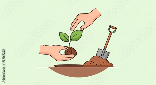 A vector graphic illustration of two hands planting a small green seedling into the soil with a shovel nearby.