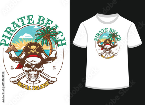 Pirate beach skull island t-shirt design concept for print, adventure skull with crossed bones, ocean