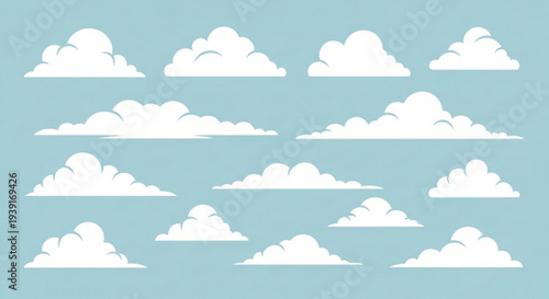 A set of white cloud icons on a light blue background