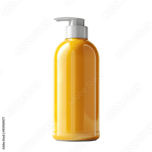 Yellow plastic pump bottle for soap or lotion product packaging isolated on Transparent Background