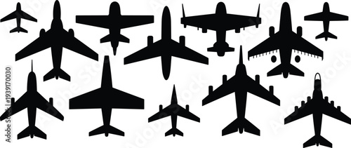 Collection of airplane silhouettes set featuring commercial jets fighter planes and private aircraft isolated on white background flat vector illustration