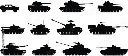 Collection of military tank silhouettes and armored vehicles set featuring heavy artillery weapon systems isolated on white background flat vector