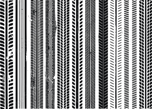 Flat vector tire tread pattern illustration, automotive design collection with symmetrical directional asymmetrical styles, traction grip water channeling concept