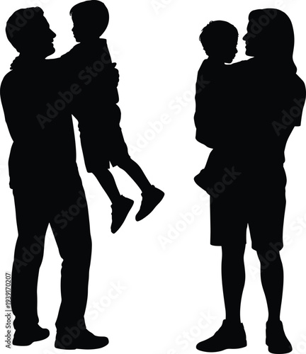 Happy family silhouettes set featuring father and mother holding young children in loving poses isolated on white background flat vector