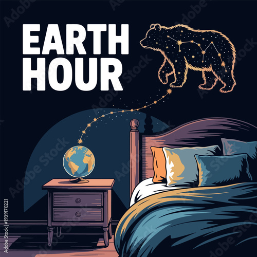 Earth Hour Campaign with Bear and Starry Sky Above Globe for Environmental Awareness
