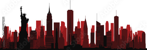 New York City skyline silhouette featuring Statue of Liberty and Manhattan skyscrapers with red gradient background isolated on white flat vector
