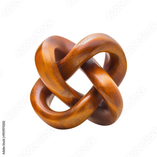 Interlocking wooden knot sculpture in brown polished finish isolated on Transparent Background