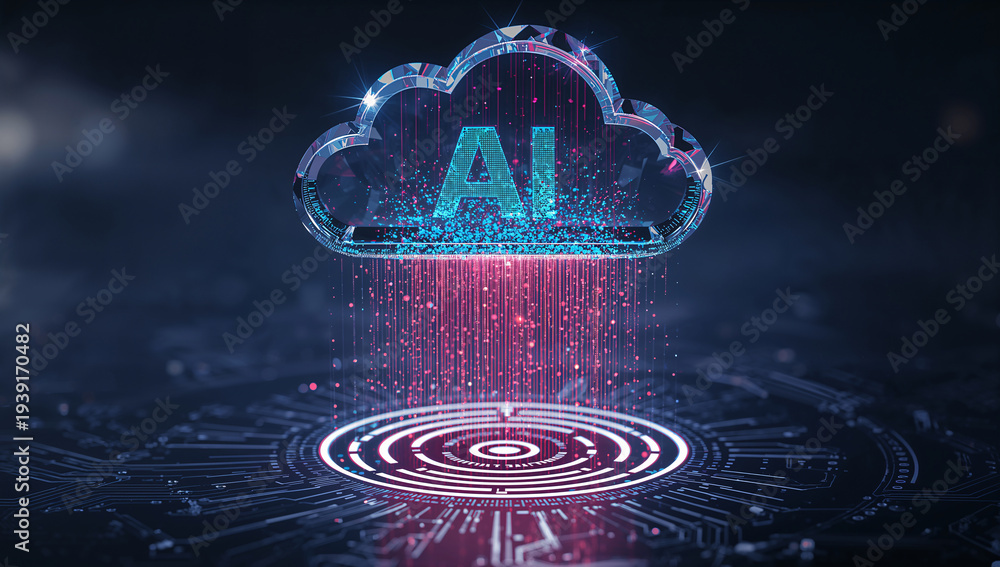 Obraz premium Artificial intelligence cloud computing concept, futuristic AI digital network icon, glowing blue and pink data storage technology on circuit board background