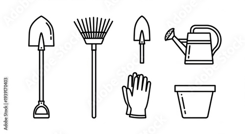A set of gardening tools and accessories in a simple line art style