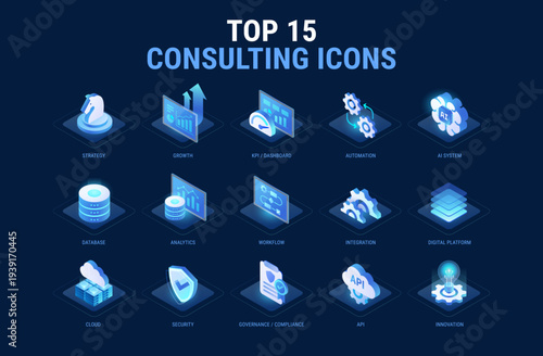 Technology Top Consulting icons set for workflow diagram - AI system, integration, data, automation, analytics, platform, API, security, governance, business strategy - high quality isometric vector