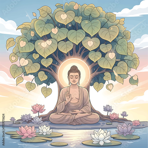 Buddha meditating under the bodhi tree with lotus flowers surrounding him