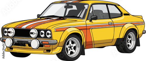 Vintage Yellow Car with Orange Stripes Parked on a Roadside, Illustration, Side View