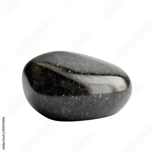 Smooth black polished stone pebble close up isolated on Transparent Background