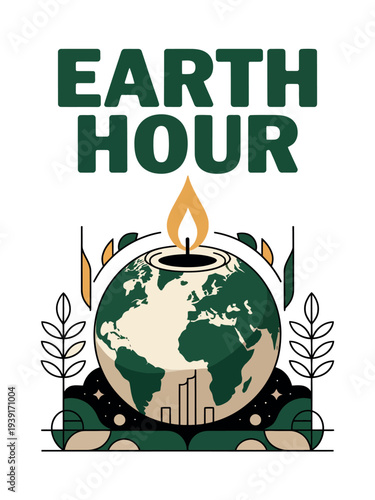 Earth Hour Candle and Earth Globe with Leaves Illustration