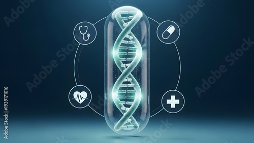 Genetic medicine concept: DNA helix in capsule with medical icons, symbolizing advanced healthcare and biotechnology research.