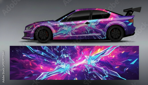 Sports car with vibrant abstract shattered crystal graphic wrap design.