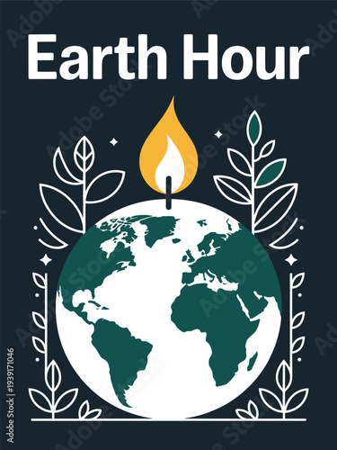 Earth Hour Candle and Earth Globe with Leaves Illustration