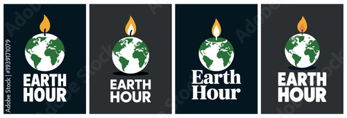 Earth Hour Candle and Globe Icons Set with Environmental Themes