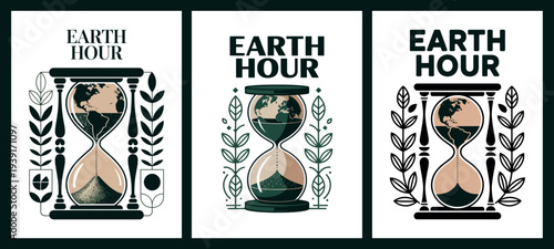 Earth Hour Hourglass Icons Set with Planet Earth and Environmental Themes