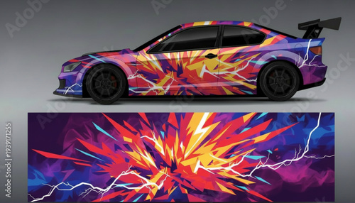 A dynamic sports car with a vibrant abstract explosion graphic wrap design.