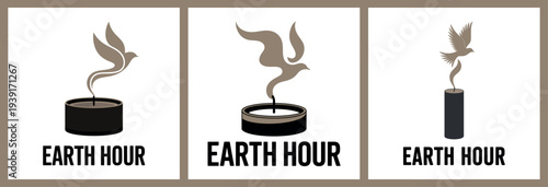 Earth Hour Candle and Bird Illustration Set with Environmental Themes