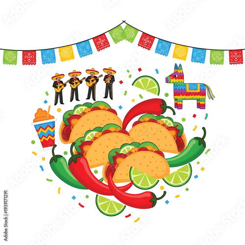 Billede på lærred A festive cinco de mayo celebration with mariachi tacos and a pi ata
