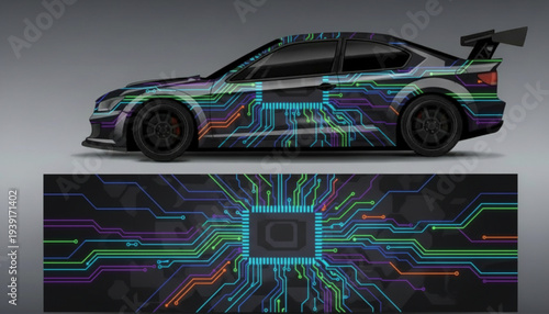 Car wrap design featuring a vibrant circuit board pattern with glowing lines and a central processor element, showcasing modern technology aesthetics.