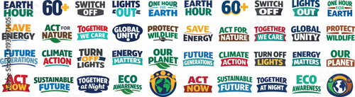Earth Hour 60+ Campaign Logos and Environmental Awareness Texts