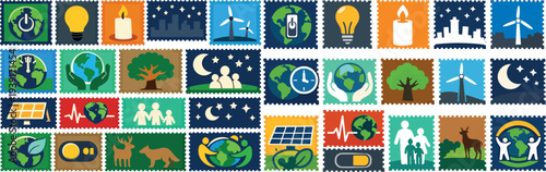 Earth Hour Stamp Set with Sustainability and Green Energy Icons