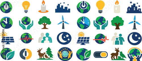Earth Hour Icons Set with Sustainability and Green Energy Symbols