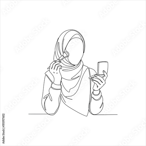 Woman in Hijab Applying Makeup with Brush and Compact Mirror Minimalist Line Art Beauty Niche Isolated on white background