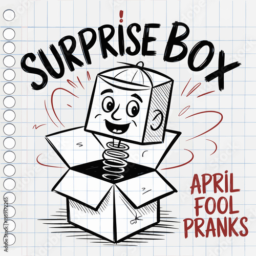 Jack-in-the-box illustration shows a smiling figure popping out of an open carton, representing a surprise box gag for April Fool's Day activities.