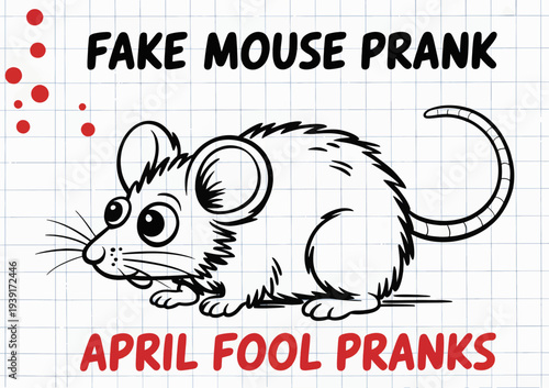Cartoon mouse illustration highlights the concept of a fake mouse prank associated with April Fool's Day jokes on a graph paper background.