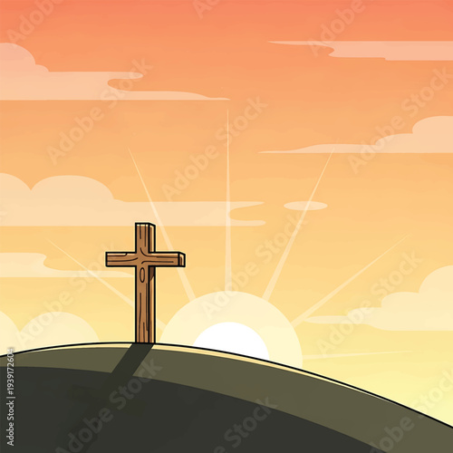 A wooden cross silhouetted against a vibrant orange and yellow sunset