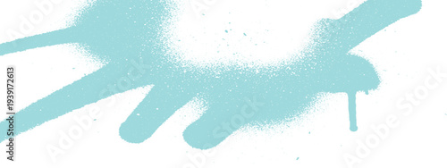 Light blue spray paint abstract shape with drips and speckles on white background
