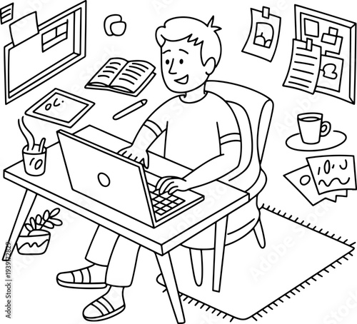 One young man sits comfortably at a home desk using a laptop for remote work, surrounded by organized study materials and digital screens.
