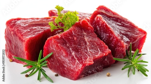 Three raw beef steaks with fresh herbs and spices on a white plate.