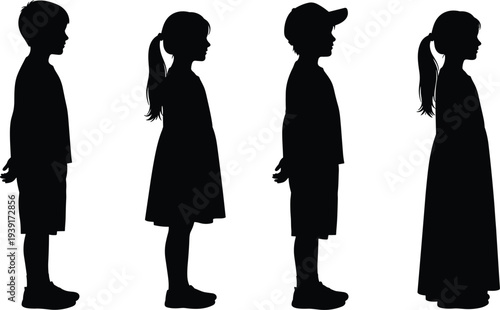 Silhouettes of young children standing in line, featuring a boy and girl in profiles, wearing casual clothes and hats, for childhood education concepts,