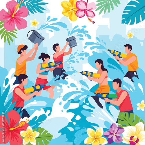 People celebrating songkran with water guns and tropical flowers