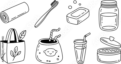 Set of line drawings displays various zero waste and reusable personal hygiene items like a rolled towel, toothbrush, soap bar, tote bag, and drinking containers.