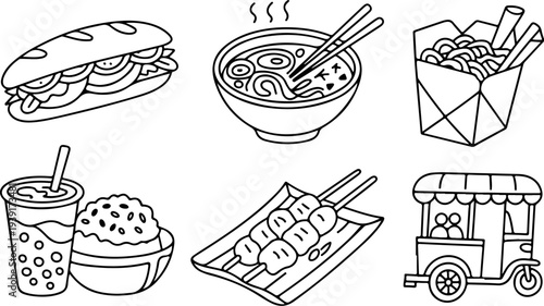Assortment of black and white line icons showcases popular Asian street food items including a Vietnamese sandwich, noodle soup, takeout box, and beverage.