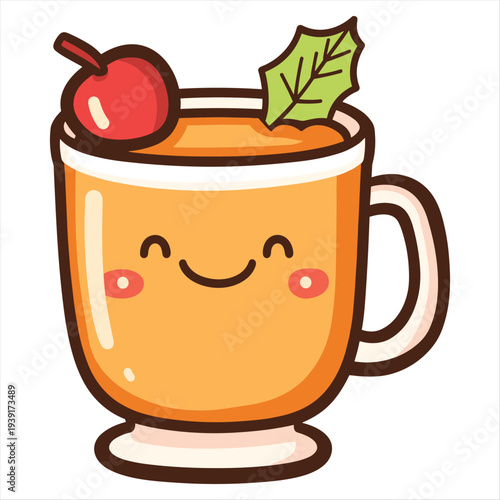 A cartoon mug of apple cider with a smiling face and a cherry on top