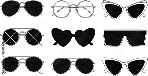Stylish sunglasses collection vector illustration, set of modern eyewear icons including aviator, cat eye, heart, and round frames isolated on white background for design.