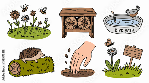 A collection of illustrated icons representing various elements of gardening, wildlife care, and sustainable outdoor hobbies is presented on a white background.