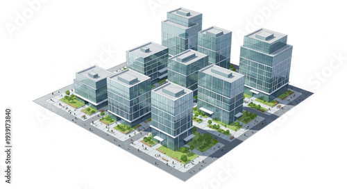 Modern Cityscape with Numerous Glass Office Buildings and Green Spaces.